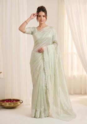 Pista Embroidered Silk Blend Saree Set
