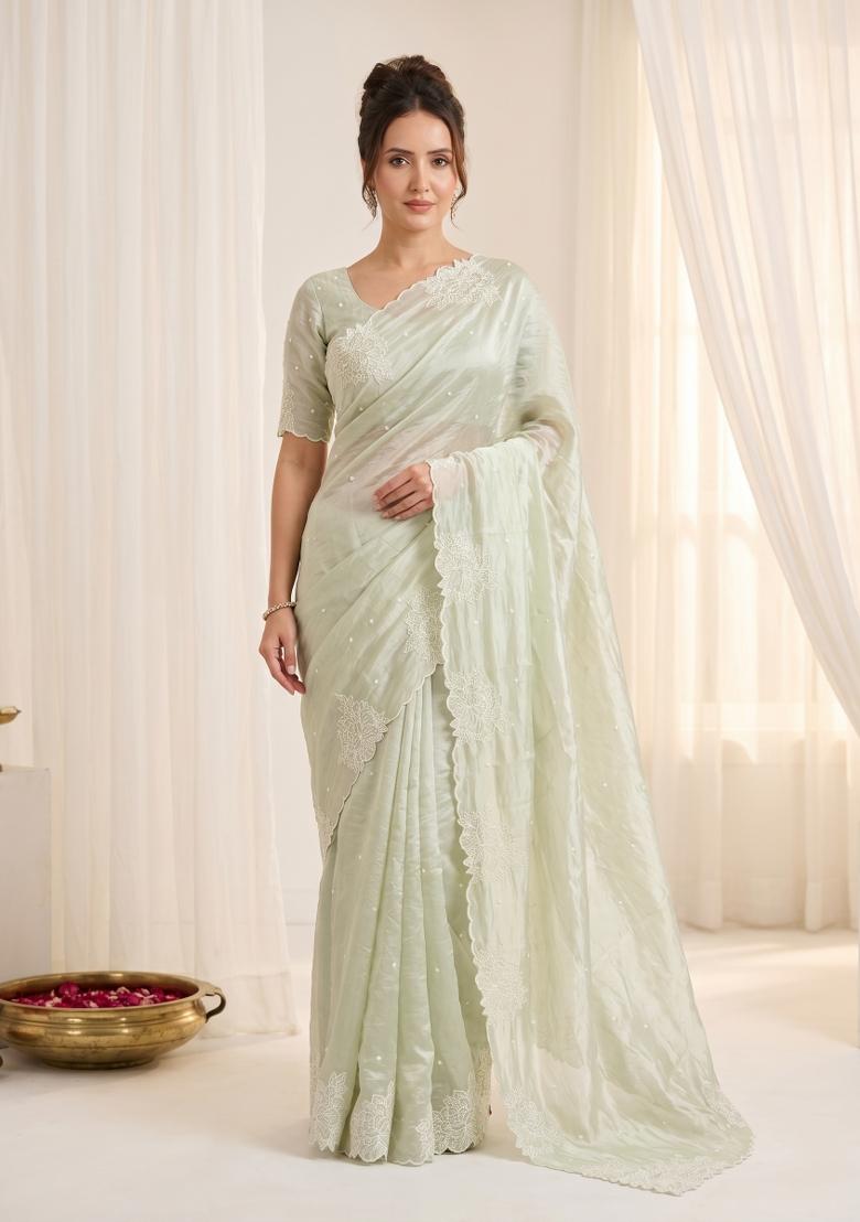 Pista Embroidered Silk Blend Saree Set - Indya