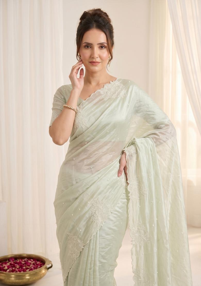 Pista Embroidered Silk Blend Saree Set - Indya