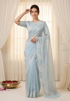 Sky Blue Embroidered Silk Blend Saree Set