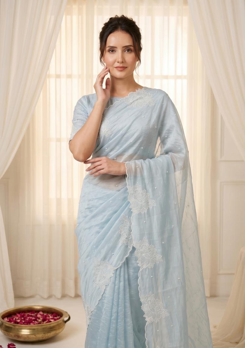 Sky Blue Embroidered Silk Blend Saree Set - Indya