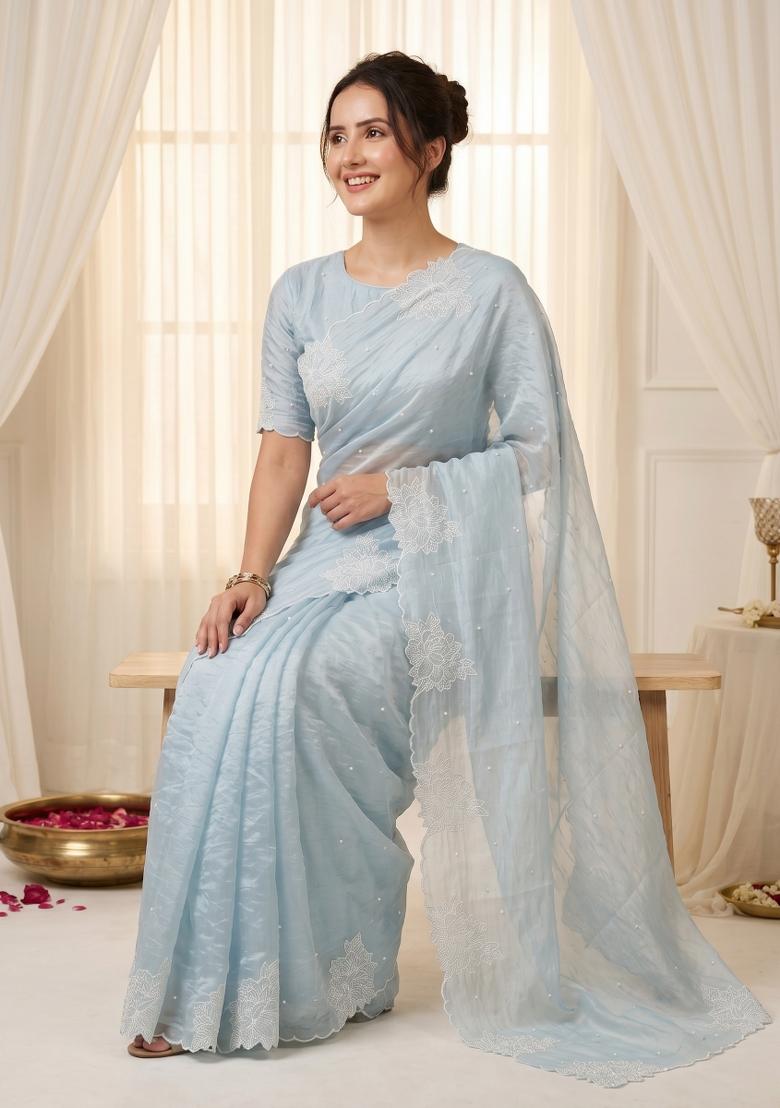 Sky Blue Embroidered Silk Blend Saree Set - Indya