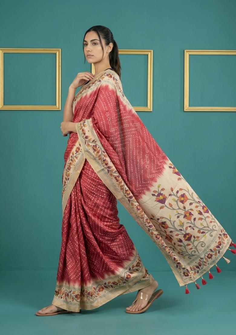 Red Floral Print Silk Blend Saree Set - Indya