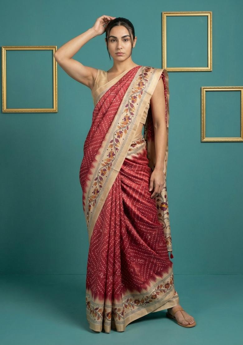 Red Floral Print Silk Blend Saree Set - Indya