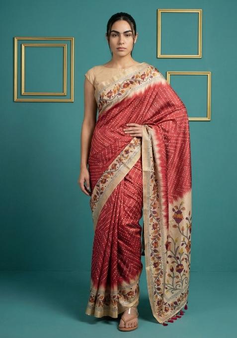 Red Floral Print Silk Blend Saree Set