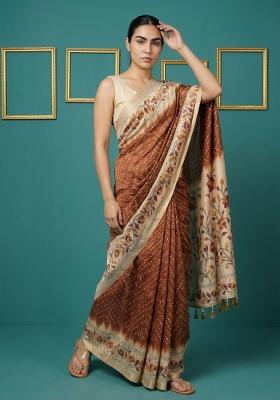 Rust Floral Print Silk Blend Saree Set