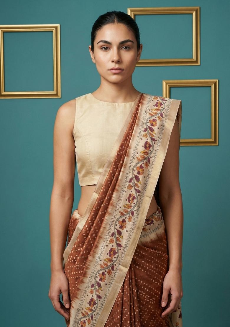 Rust Floral Print Silk Blend Saree Set - Indya