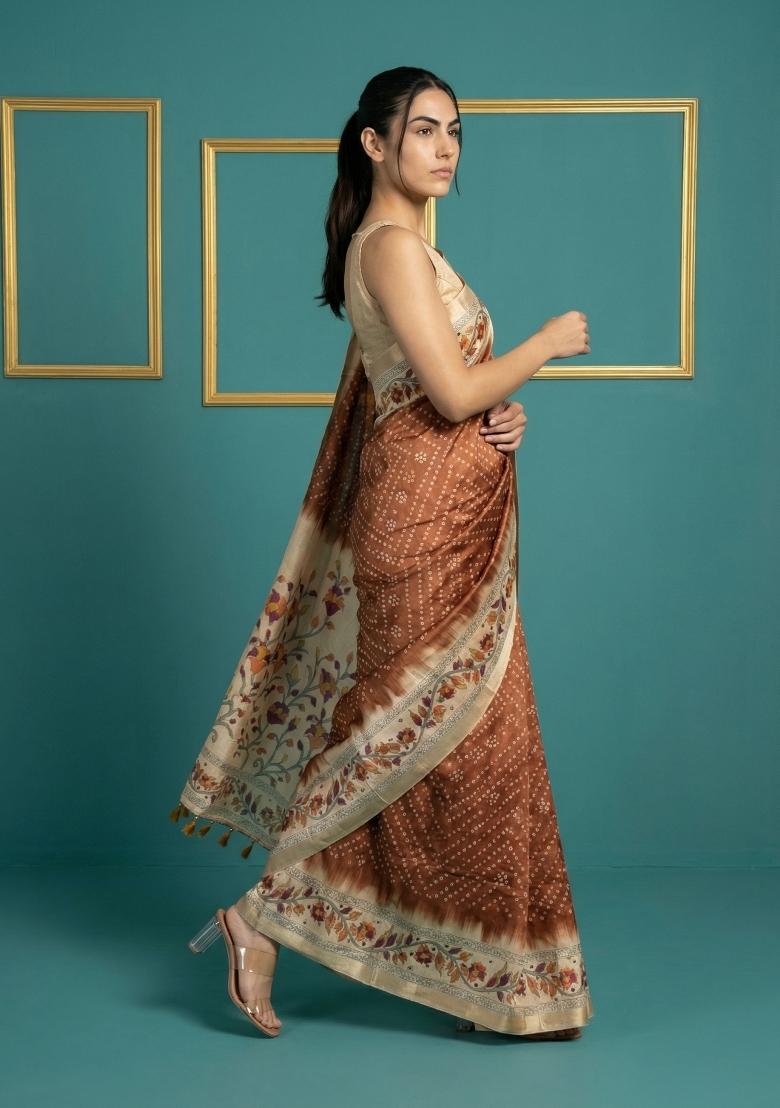 Rust Floral Print Silk Blend Saree Set - Indya
