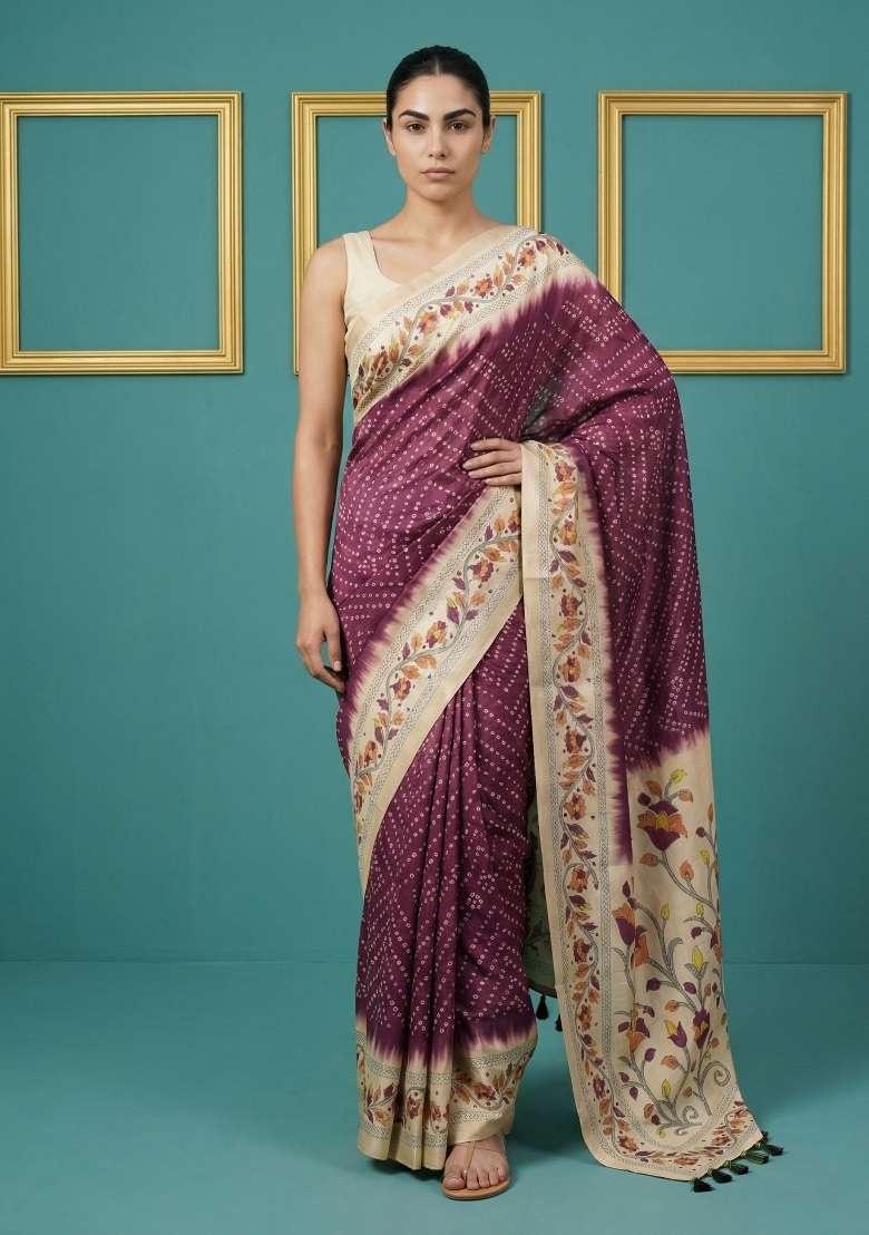 Wine Floral Print Silk Blend Saree Set - Indya