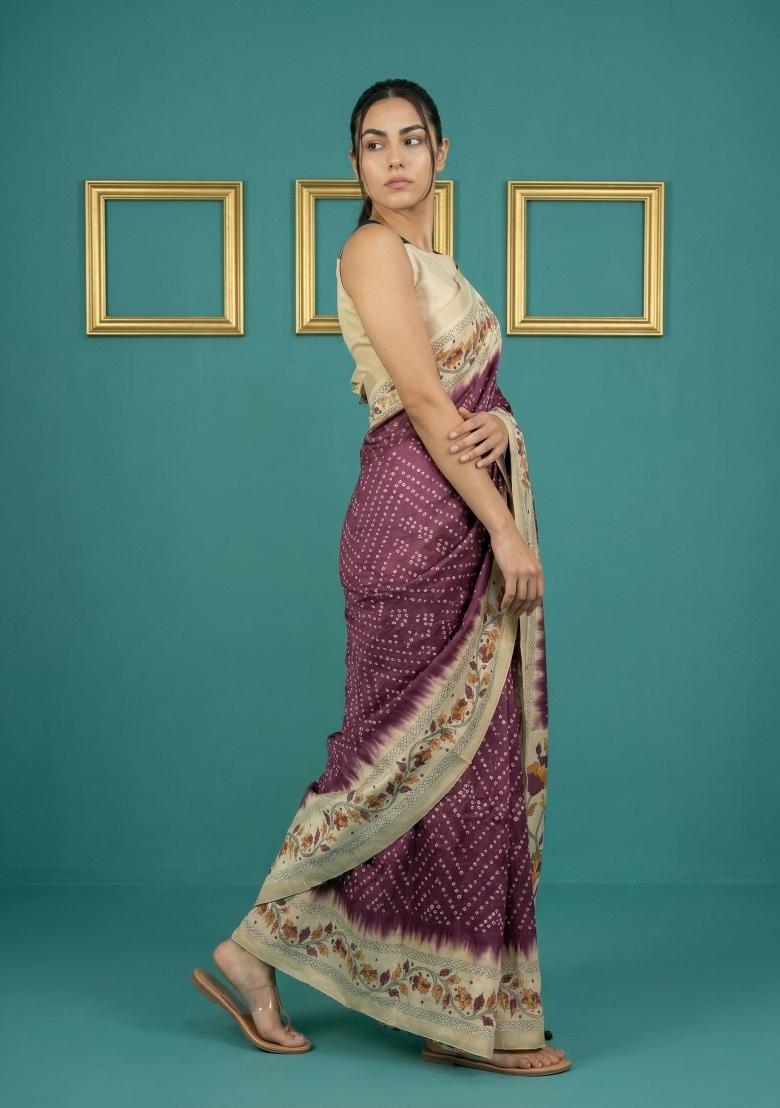 Wine Floral Print Silk Blend Saree Set - Indya