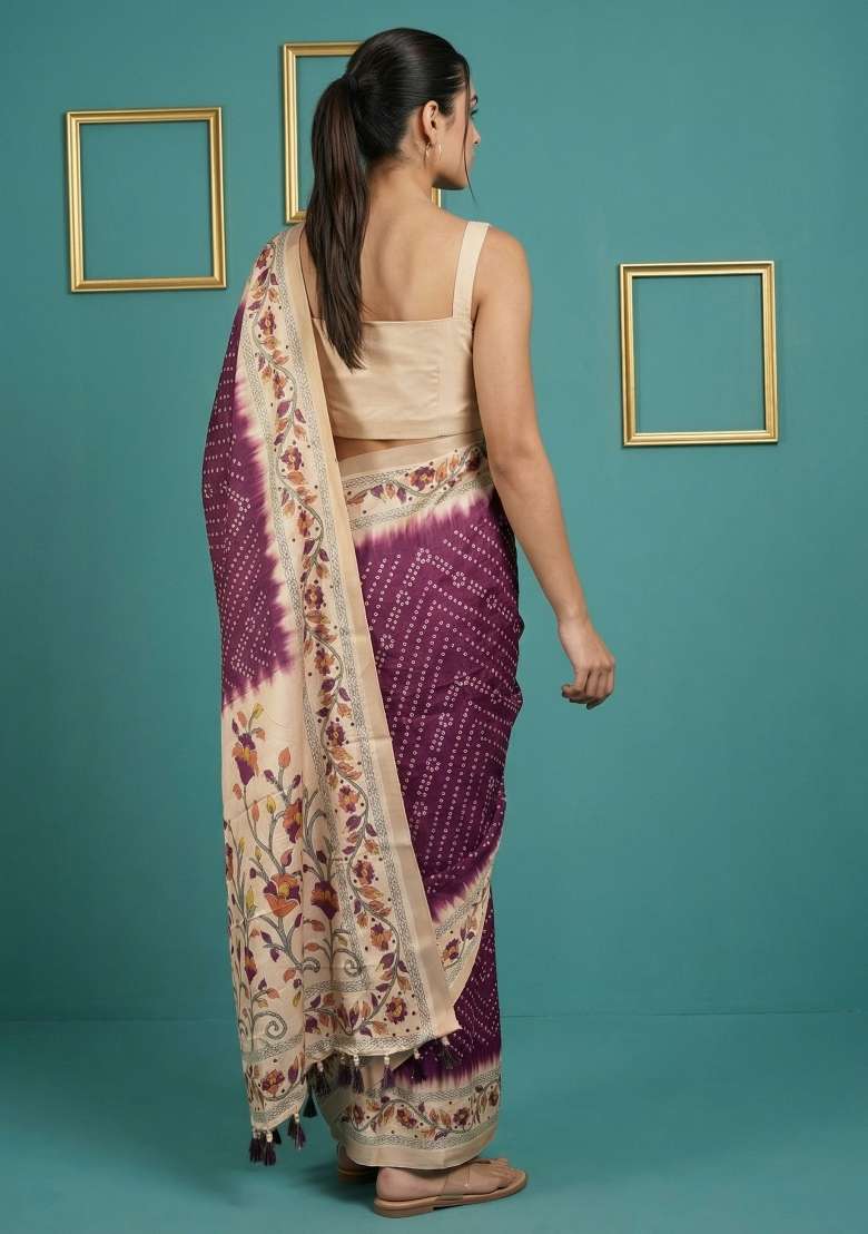Wine Floral Print Silk Blend Saree Set - Indya