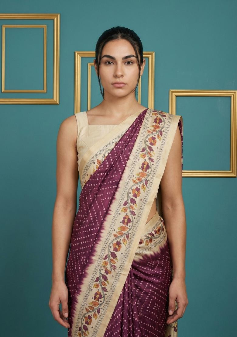 Wine Floral Print Silk Blend Saree Set - Indya