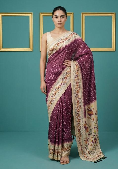 Wine Floral Print Silk Blend Saree Set
