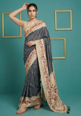 Black Floral Print Silk Blend Saree Set