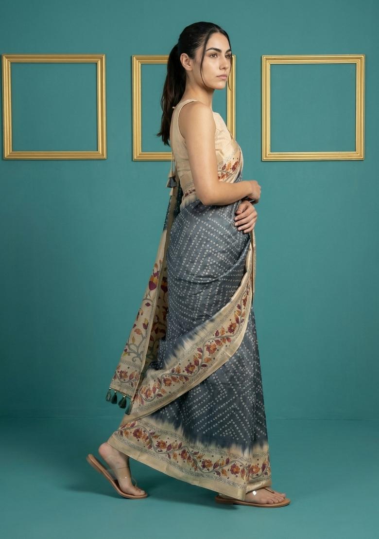 Black Floral Print Silk Blend Saree Set - Indya