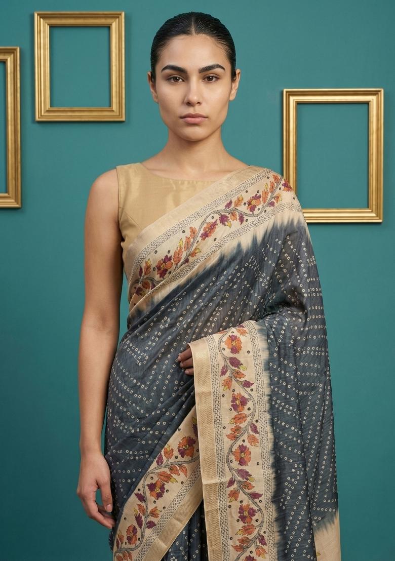 Black Floral Print Silk Blend Saree Set - Indya