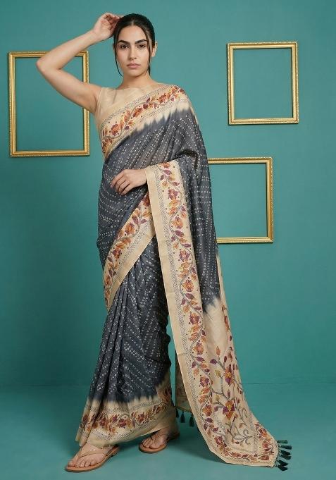 Black Floral Print Silk Blend Saree Set