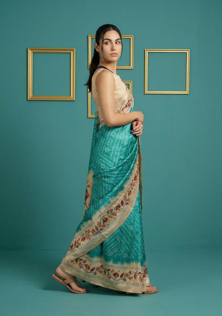 Rama Floral Print Silk Blend Saree Set - Indya