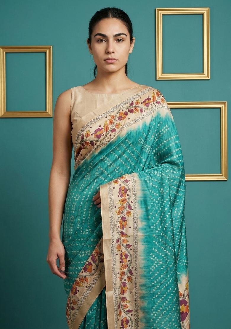 Rama Floral Print Silk Blend Saree Set - Indya