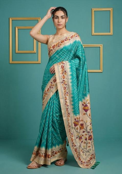 Rama Floral Print Silk Blend Saree Set