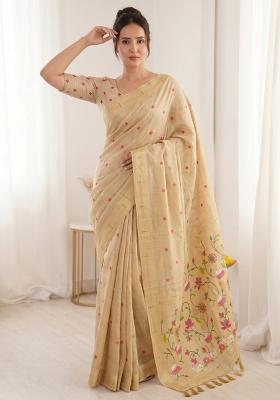 Cream Weaving Cotton Saree Set