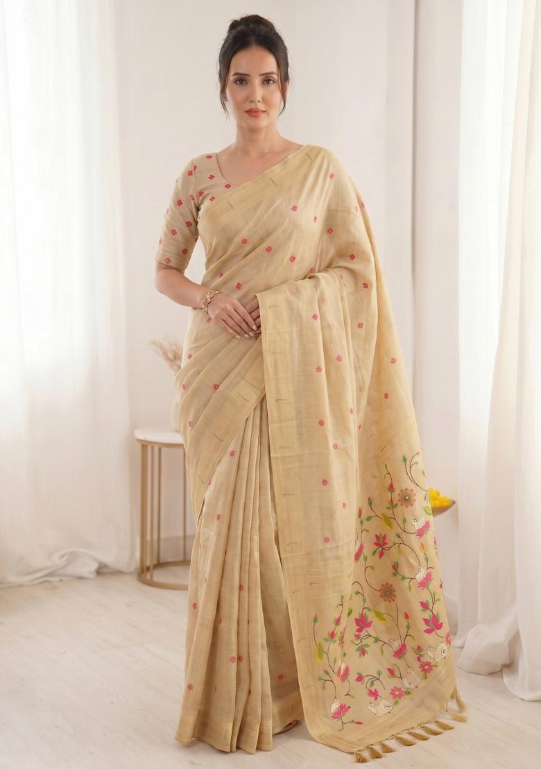 Cream Weaving Cotton Saree Set - Indya