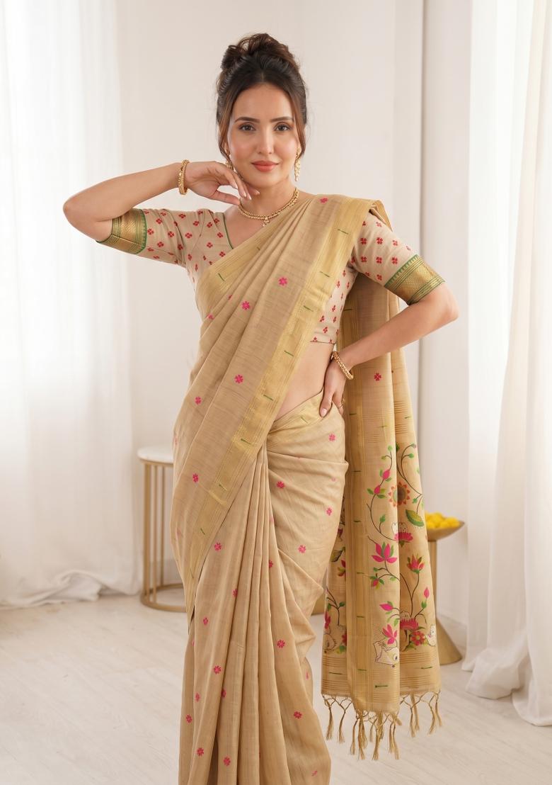 Cream Weaving Cotton Saree Set - Indya