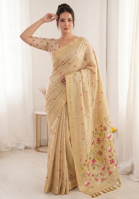 Cream Weaving Cotton Saree Set