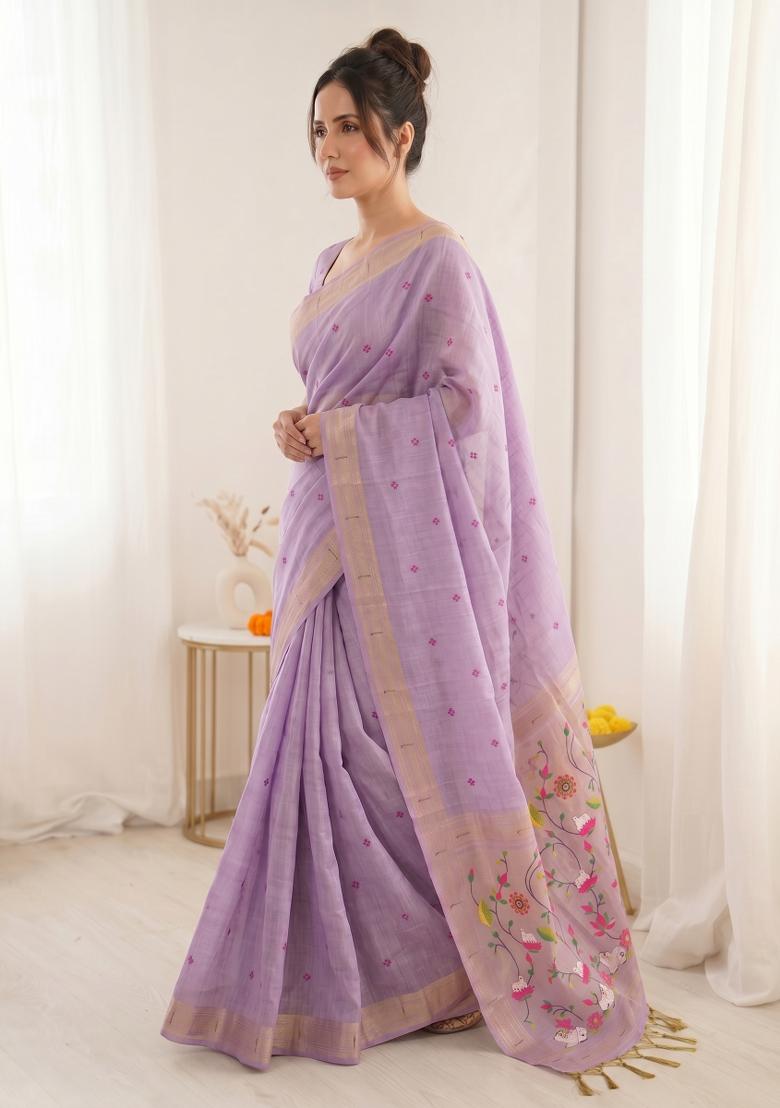 Lavender Weaving Cotton Saree Set - Indya