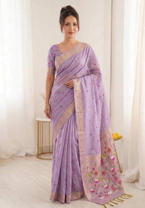 Lavender Weaving Cotton Saree Set