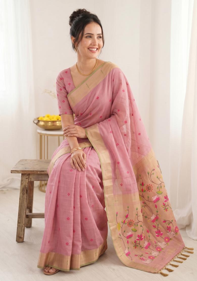 Pink Weaving Cotton Saree Set - Indya
