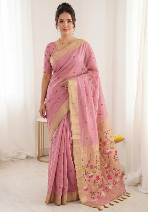 Pink Weaving Cotton Saree Set
