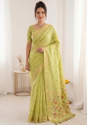 Green Weaving Cotton Saree Set