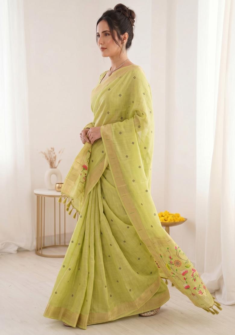 Green Weaving Cotton Saree Set - Indya