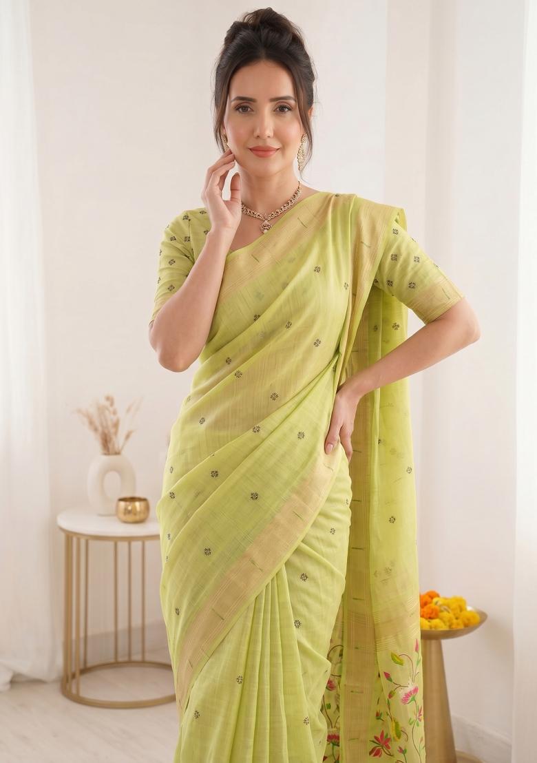Green Weaving Cotton Saree Set - Indya
