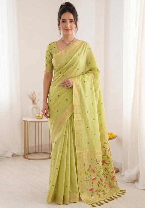 Green Weaving Cotton Saree Set