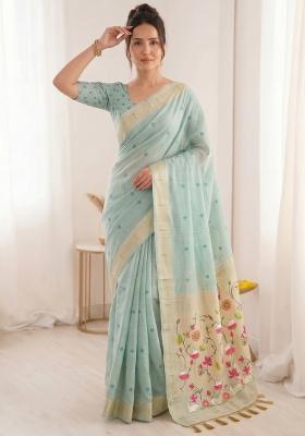 Light Blue Weaving Cotton Saree Set