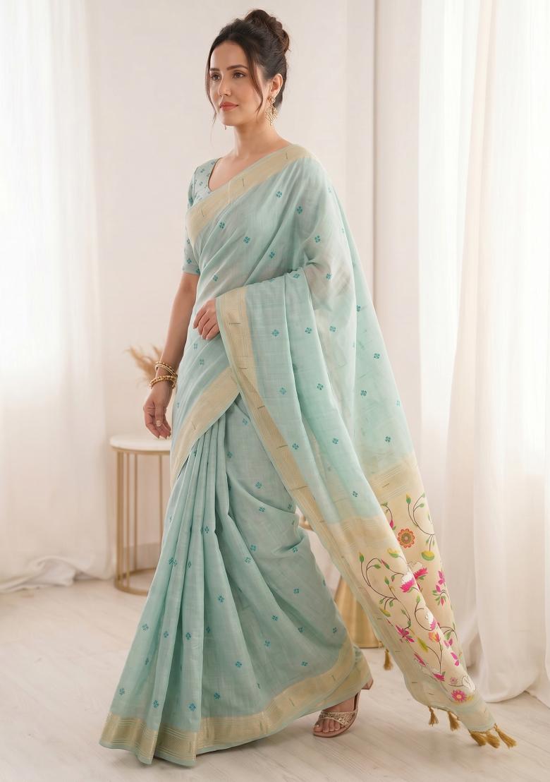 Light Blue Weaving Cotton Saree Set - Indya