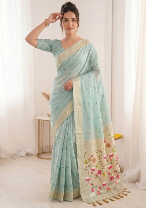 Light Blue Weaving Cotton Saree Set