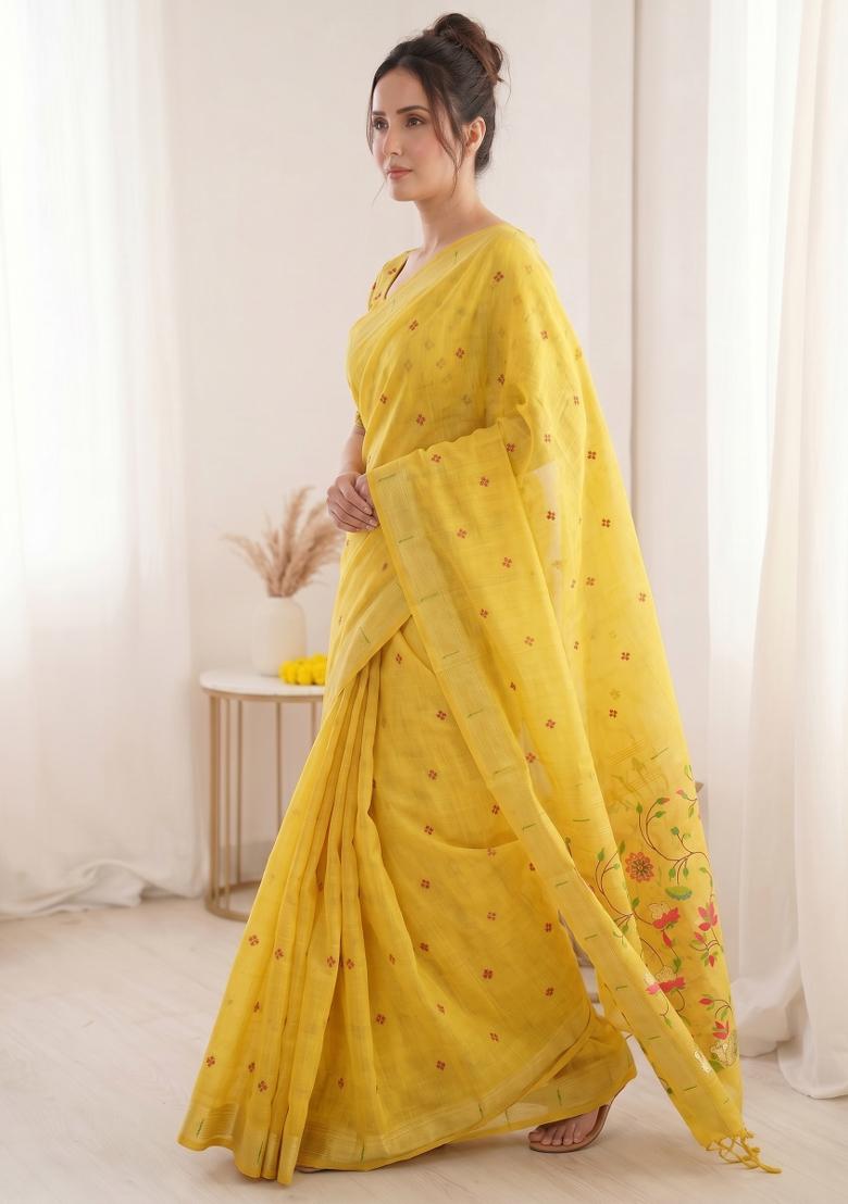 Yellow Weaving Cotton Saree Set - Indya