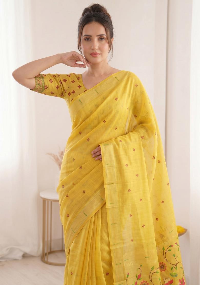 Yellow Weaving Cotton Saree Set - Indya