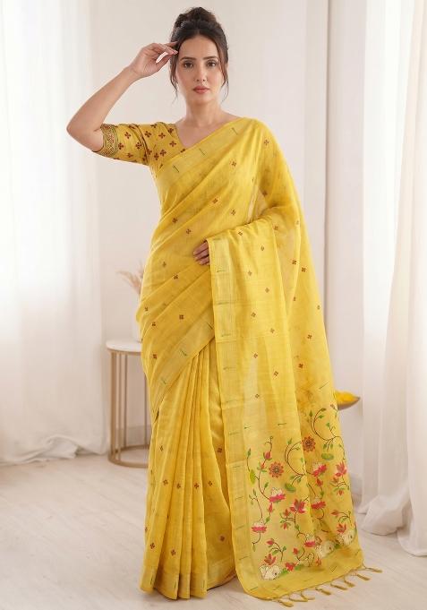 Yellow Weaving Cotton Saree Set