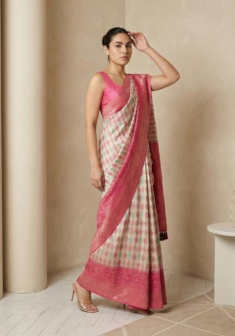 Cream Zari Work Silk Blend Saree Set