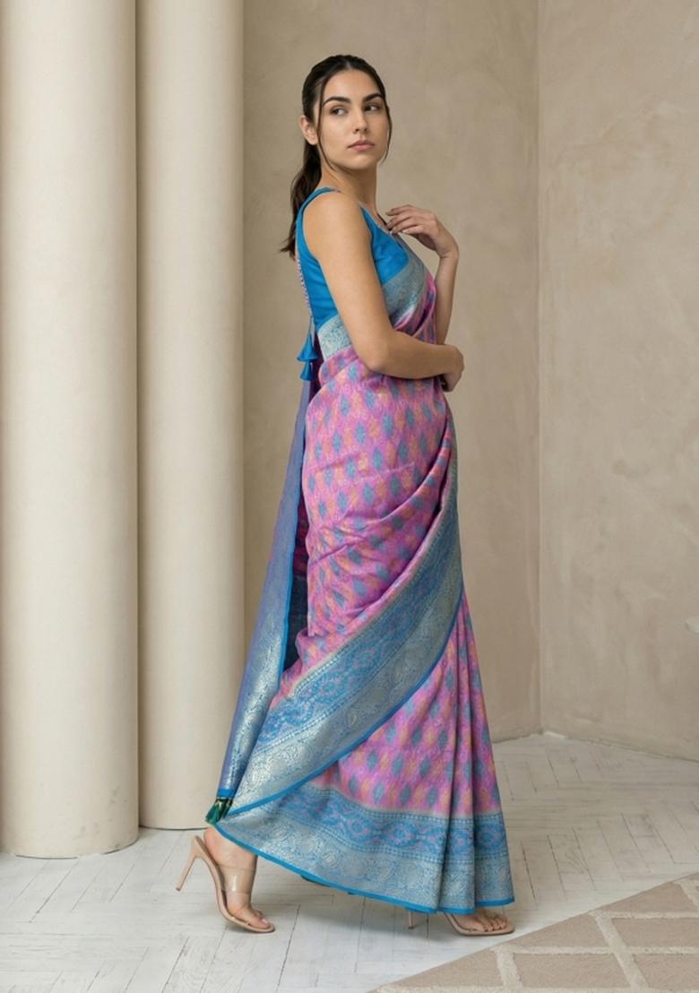 Lavender Zari Work Silk Blend Saree Set - Indya