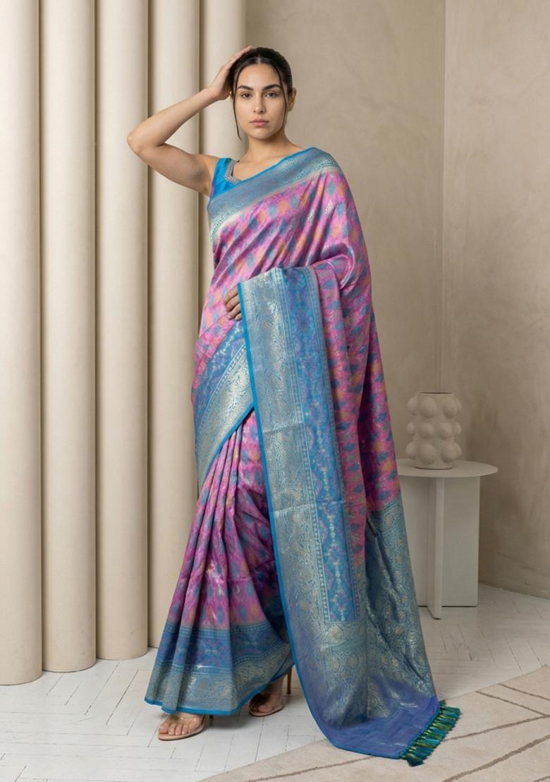 Lavender Zari Work Silk Blend Saree Set - Indya