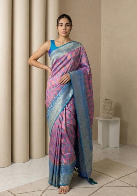 Lavender Zari Work Silk Blend Saree Set