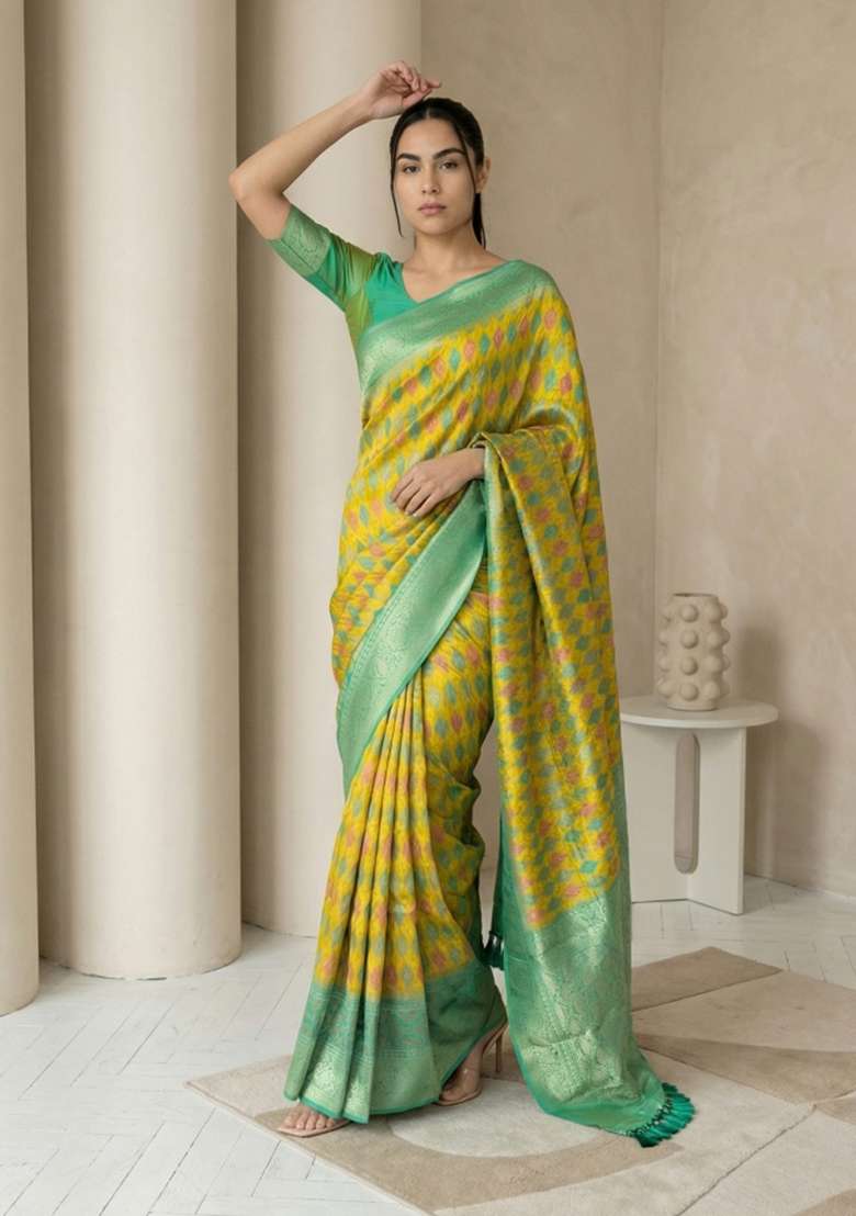 Green Zari Work Silk Blend Saree Set - Indya