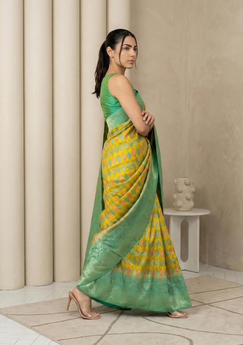 Green Zari Work Silk Blend Saree Set - Indya