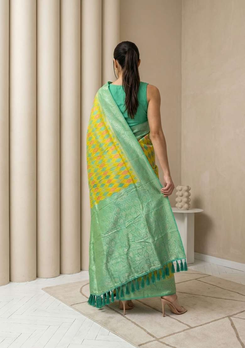 Green Zari Work Silk Blend Saree Set - Indya