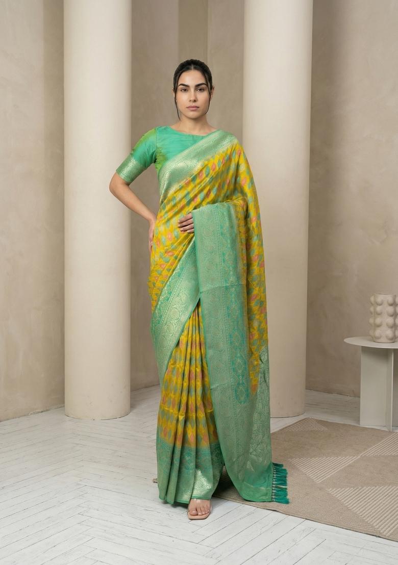 Green Zari Work Silk Blend Saree Set - Indya